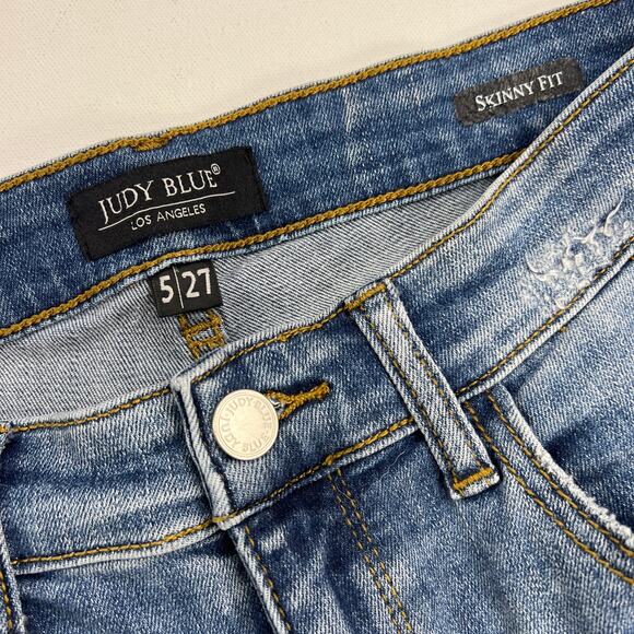 Judy Blue Mid Rise Skinny Fit Distressed Jeans Leopard Insets 8265MD Size 5/27 - Picture 7 of 14